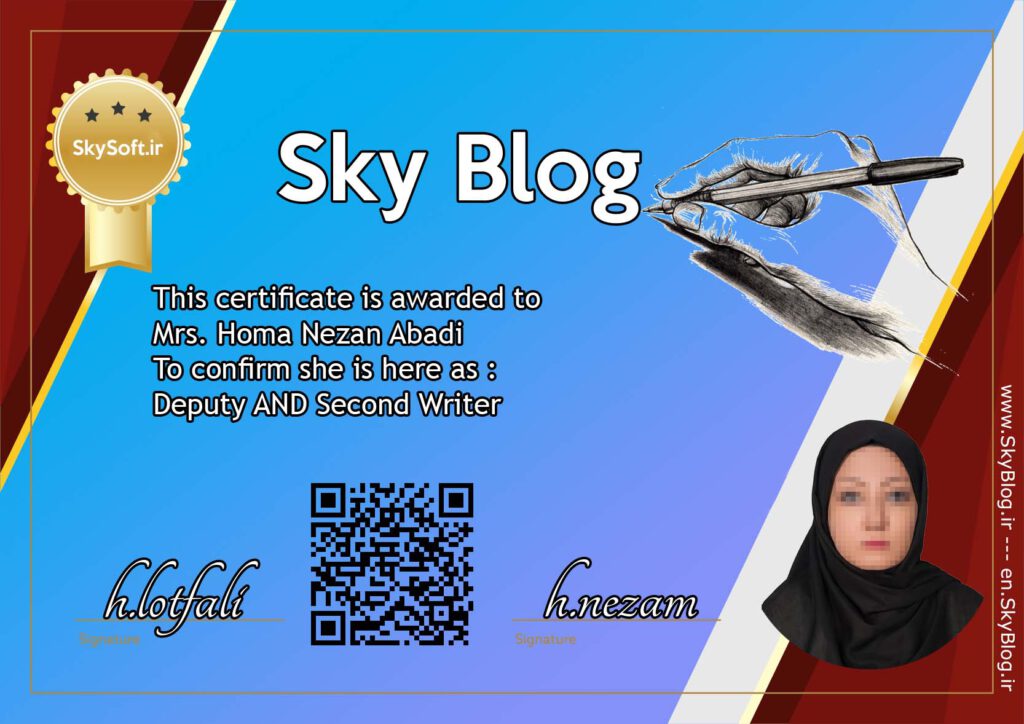 This certificate is awarded to Mrs. Homa Nezam Abadi : To confirm she is here asFounder / CEO / Head Developer / ProgrammerAnd Main Writer